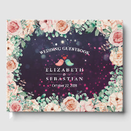 結婚ズゲストブックシックフローラパープルスパークルライト ゲストブック