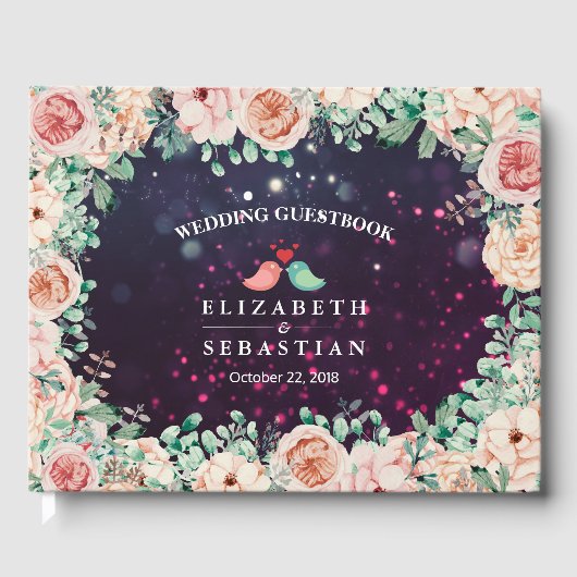 結婚ズゲストブックシックフローラパープルスパークルライト ゲストブック (正面)