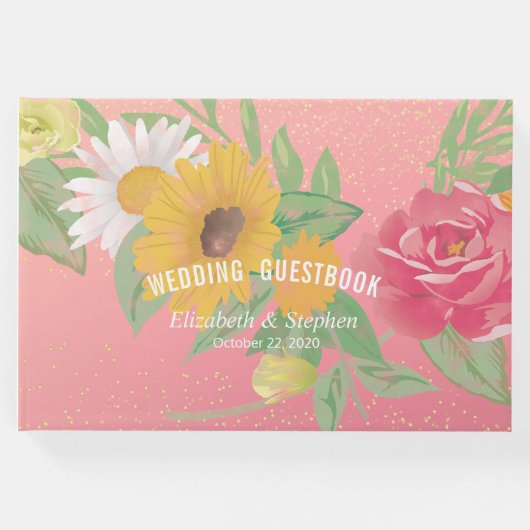 結婚ズゲストブックバラフラワーズピンク金ゴールドグリッター ゲストブック (正面)
