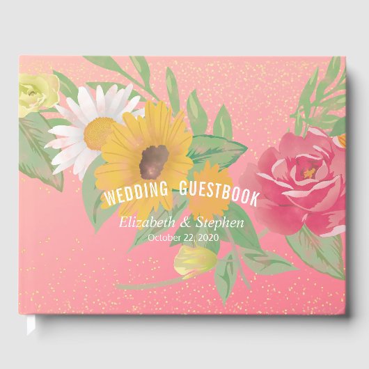 結婚ズゲストブックバラフラワーズピンク金ゴールドグリッター ゲストブック (正面)