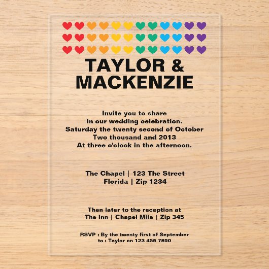 結婚ズサウンドゲイおもしろいレインボープライド アクリル招待状 (正面)