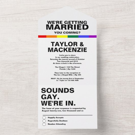 結婚ズサウンドゲイおもしろいレインボープライド オールインワン招待状 (内側)