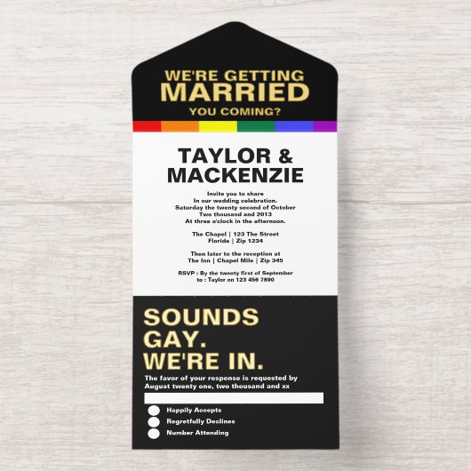 結婚ズサウンドゲイおもしろいレインボープライド オールインワン招待状 (内側)