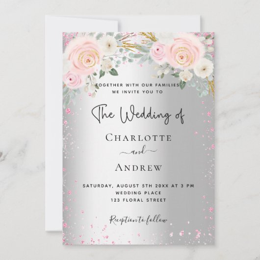 結婚ズシルバーピンク花模様グリッター 招待状 (正面)