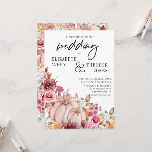 結婚ズピンクブルゴーニュ秋カボチャフローラ招待客 招待状 (正面/裏面インサイチュ)
