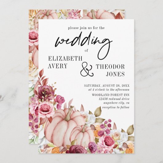 結婚ズピンクブルゴーニュ秋カボチャフローラ招待客 招待状 (正面/裏面)