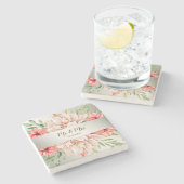 結婚ズピーチピンクオレンジフローラグリーン葉 ストーンコースター (横)