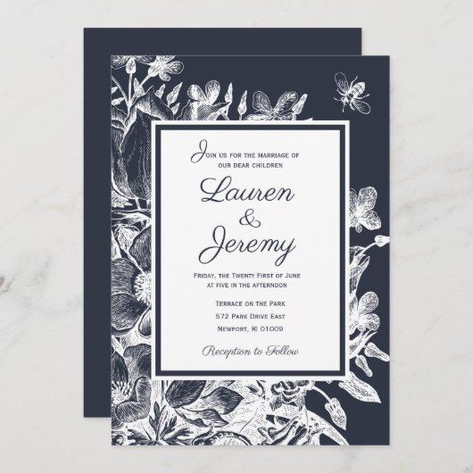 結婚ズフランスのファームハウスフローラネイビー&ホワイト 招待状 (正面/裏面)