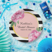 結婚ズブライダルシャワーブラックストライプフローラグラム ペーパープレート (パーティー)