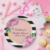 結婚ズブライダルシャワーブラックストライプフローラグラム ペーパープレート (パーティー)