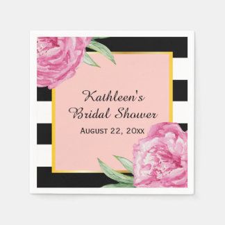 結婚ズブライダルフローラグラムブラックストライプ スタンダードカクテルナプキン