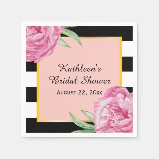 結婚ズブライダルフローラグラムブラックストライプ スタンダードカクテルナプキン (正面)