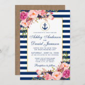 結婚ズブ航海のルーストライプフローラピンク招待状B 招待状 (正面/裏面)