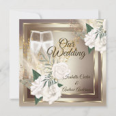結婚ズホワイトローズシャンパン金ゴールドブロンズ 招待状 (正面)
