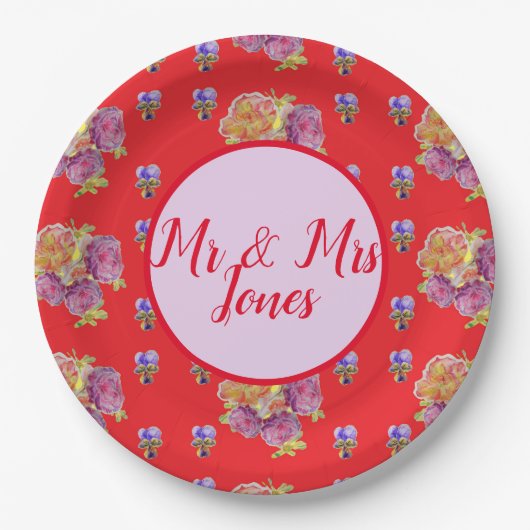 結婚ズレッドローズバラヴィンテージフローラフラワーヴィオラ ペーパープレート (正面)