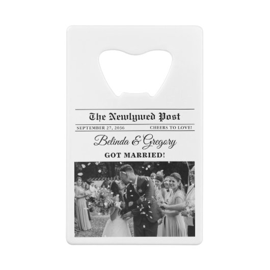 結婚ズ新聞おもしろいブラック&ホワイト結婚式の引き出物 クレジットカード栓抜き (裏面)