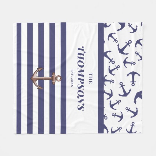 結婚ズ白航海のいかりブルーストライプモノグラム フリースブランケット (正面(横))