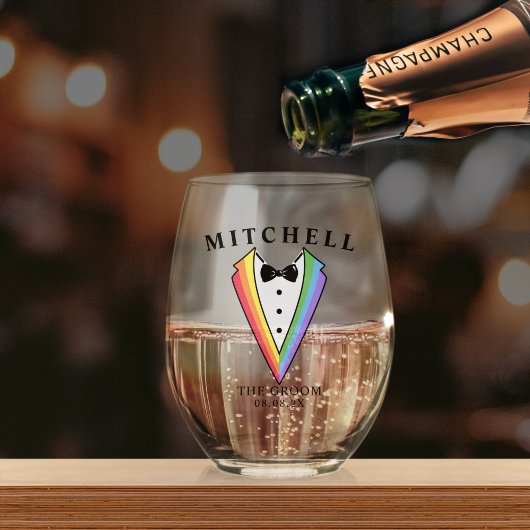 結婚ツキシードザパーソナライズされたゲイ新郎プライド ステムなしワイングラス