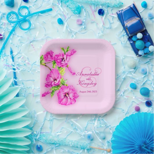 結婚ハイビスカスピンクカスタムアート紙プレート ペーパープレート (パーティー)