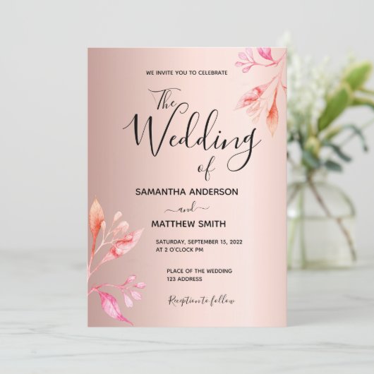 結婚バラ金ゴールドピンク花模様植物学モダン 招待状 (スタンド正面)