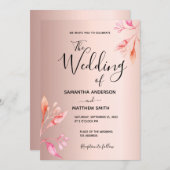 結婚バラ金ゴールドピンク花模様植物学モダン 招待状 (正面/裏面)