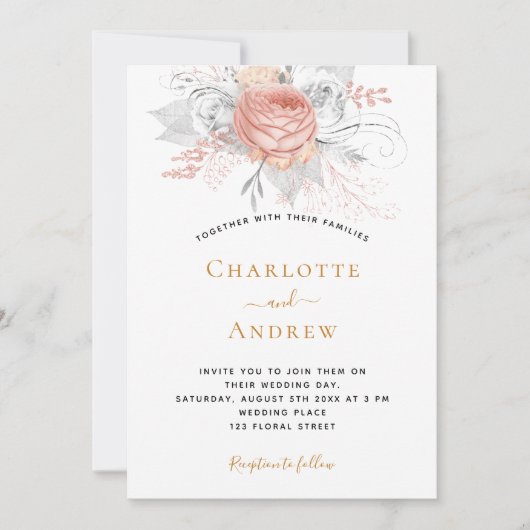 結婚バラ金ゴールドフローラ銀エレガント 招待状 (正面)