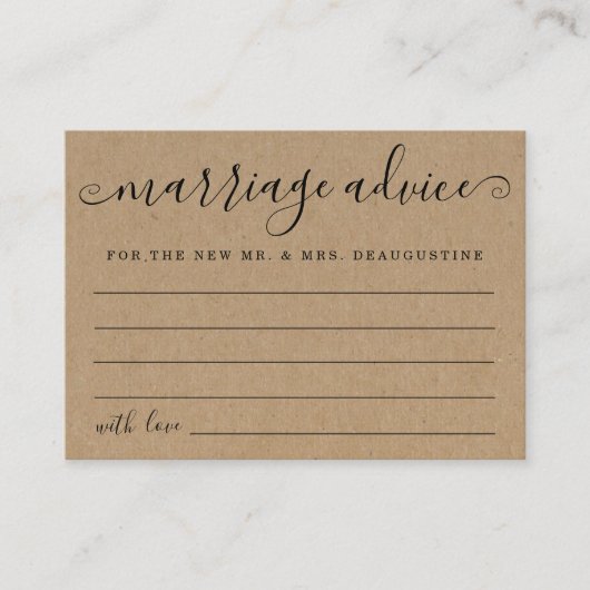 結婚パーソナライズされたアドバイスカード素朴- Kraft コーリングカード (正面)