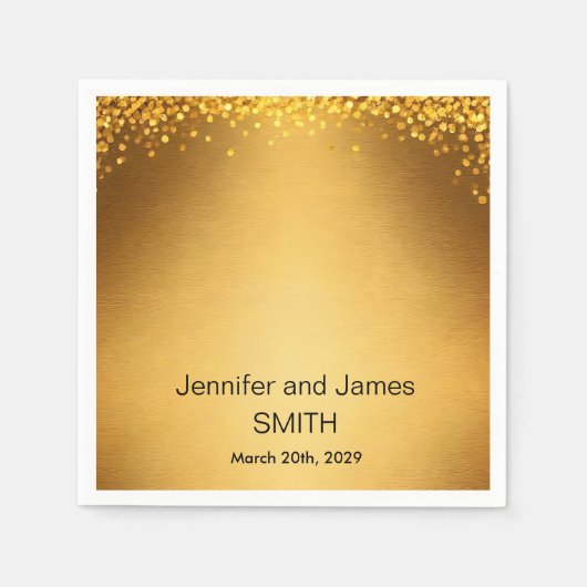 結婚パーソナライズされた金ゴールド紙吹雪グリッター スタンダードカクテルナプキン (正面)