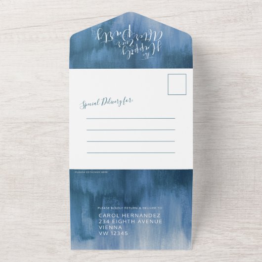 結婚パーティーの後、幸せなことに、青い灰色の写真を撮る オールインワン招待状 (外側)