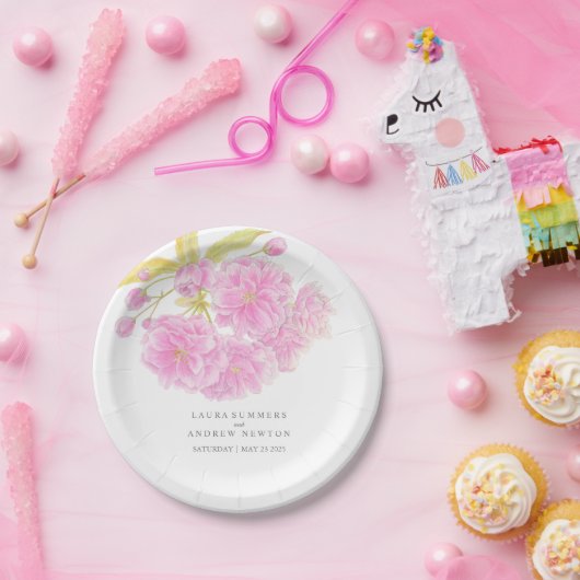 結婚ピンクさくらんぼ花カスタム紙プレート ペーパープレート (パーティー)
