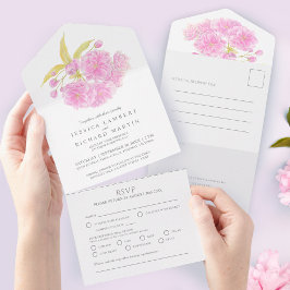 結婚ピンクさくらんぼ花水彩RSVP オールインワン招待状