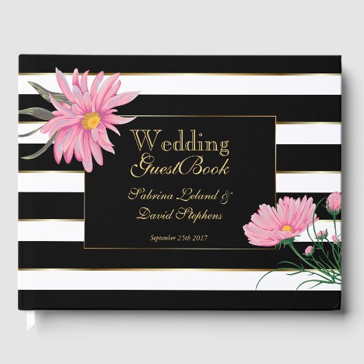 結婚ピンク菊白黒ストライプ ゲストブック (正面)