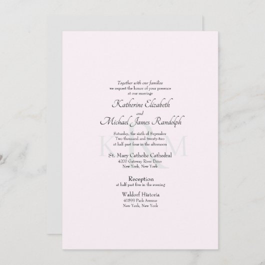 結婚フォーマルのモノグラムの両親がピンクに載っていない 招待状 (正面/裏面)