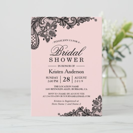結婚ブライダルシャワー |ピンクエレガントブラックレース 招待状 (スタンド正面)