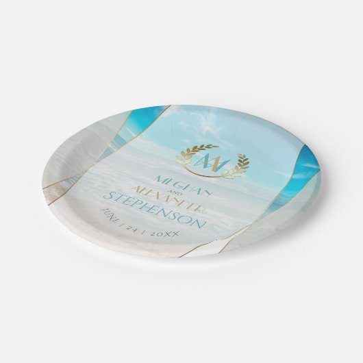 結婚プレート | モノグラムモダン幾何学的ビーチ ペーパープレート (アングル)