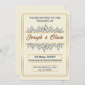 結婚ベージュエレガントの背景金ゴールド縁ど 招待状 (正面/裏面)