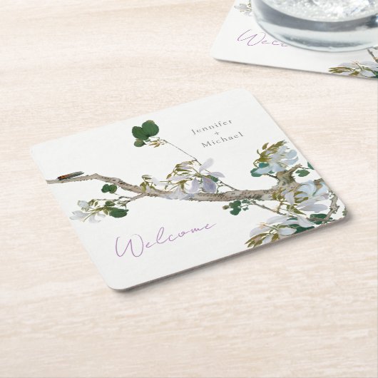 結婚ミニマル書道フローラリトグラフ スクエアペーパーコースター (アングル)