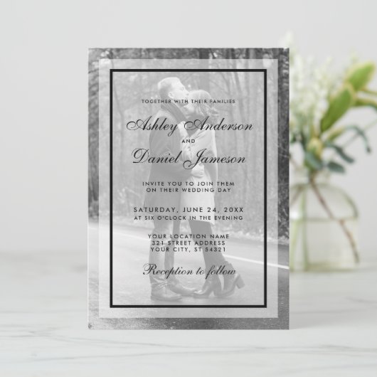 結婚モダンの写真招待状 – オーバーレイB&W 招待状 (スタンド正面)