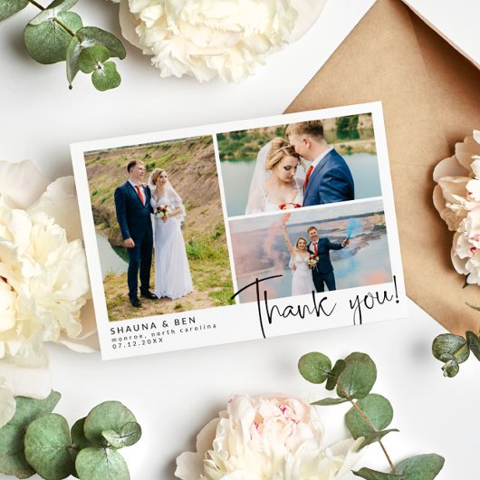 結婚モダン3 Photo Collage Thank You サンキューカード