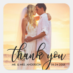 結婚モダンThank Thank You Bride Groom Photo B スクエアシール