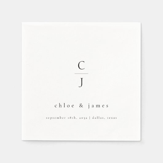 結婚モノグラムモダンミニマル白黒 スタンダードカクテルナプキン (正面)