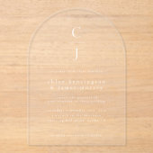 結婚モノグラムモダン白ミニマルアーチ アクリル招待状 (正面)