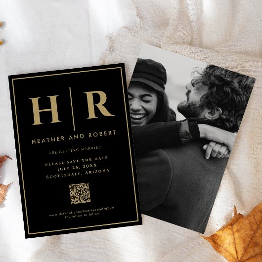 結婚モノグラム黒金ゴールドシンプルQRコモダンード セーブザデート