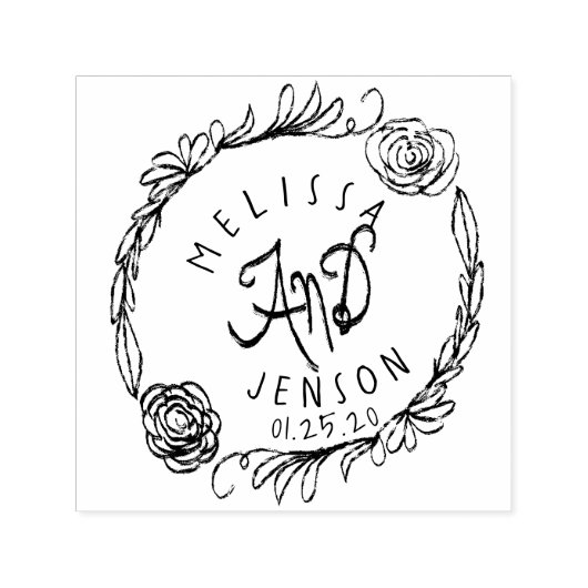 結婚ロゴ バラ グリーンリース 手描き セルフインキングスタンプ (デザイン)