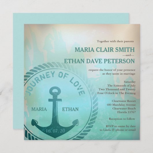 結婚ヴィンテージレトロスタイルティール（緑がかった色） 招待状 (正面/裏面)