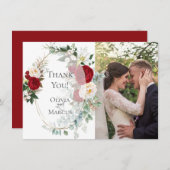 結婚写真のお礼 | エレガントな赤い芍薬のフレーム サンキューカード (正面/裏面)