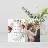 結婚写真のお礼 | エレガントな赤い芍薬のフレーム サンキューカード (スタンド正面)