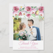 結婚写真の御礼カード ピンクと黄色の花 招待状 (正面)
