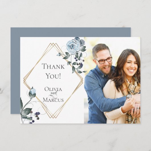 結婚写真の感謝  |  ダスティーブルーの花 サンキューカード (正面/裏面)