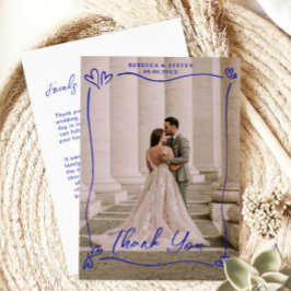 結婚写真の青い落書きハートオーバープリントボーダー サンキューカード
